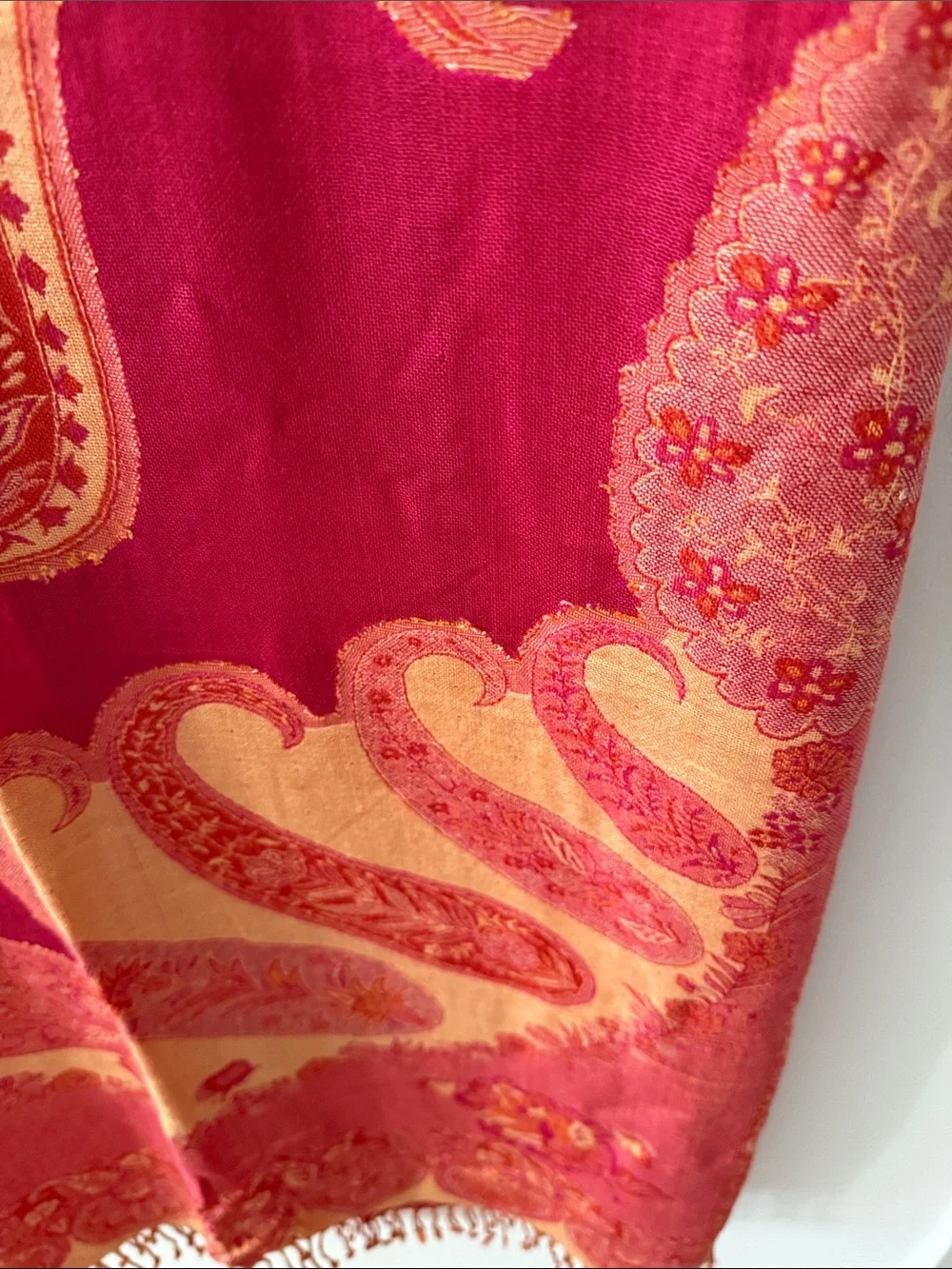 Fuchsia & Orange Paisley Reversible Kashmiri Style Large Shawl with Fringe.